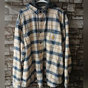 Carhartt Men's Cream and Blue Checkered Hoodie Shirt